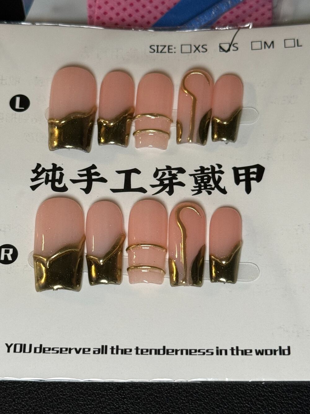 Press-On Nails Acrylic Pink Black Gold Long XS Shiny Handmade New